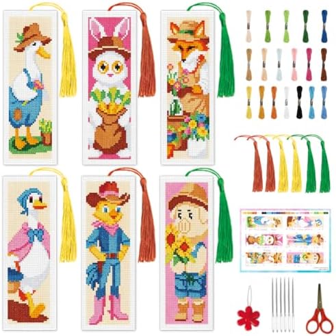 INFUNLY 6PCS Farm Animals Cross Stitch Bookmark Kit 3x8.5 Inches Farm Duck Stamped Embroidery Bookmark Kits with Cartoon Animals Needlepoint Bookmark Kit with Instruction for Book Lovers Readers by INFUNLY