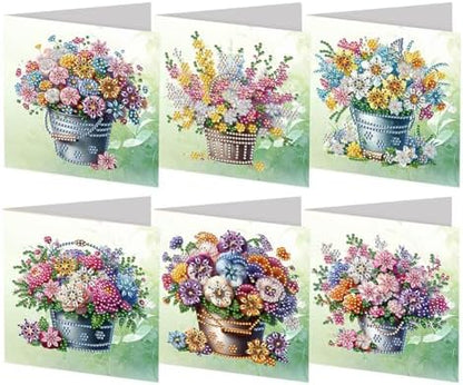 Diamond Art Painting Cards,6 Pack Gem Art Greeting Cards with Envelopes, 5D Diamond Dots Kits Birthday Cards Making Kits for Adults Family Friends Birthday Gifts(Flower Bucket) by Unknown