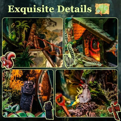 fifijoy Jungle Adventure DIY Book Nook Kit - 3D Wooden Puzzle Dollhouse Miniature House with LED Lights and Sound Effects, Jungle Explorer Bookshelf Insert Decor, Creative Gift for Adults and Teens - Image 3