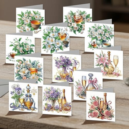 C'eitura 12Pcs Floral Drink Diamond Art Painting Greeting Card Kit with Envelopes, DIY Flower-Themed Beverage Card Making Set for Christmas Birthday Thanksgiving, Creative Handmade Card Craft - Image 3