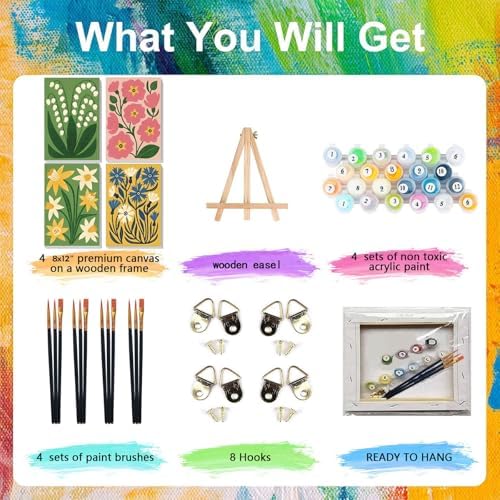 4 Pack Flower Paint by Numbers for Adults with Framed Canvas - Wooden Easel - Image 4