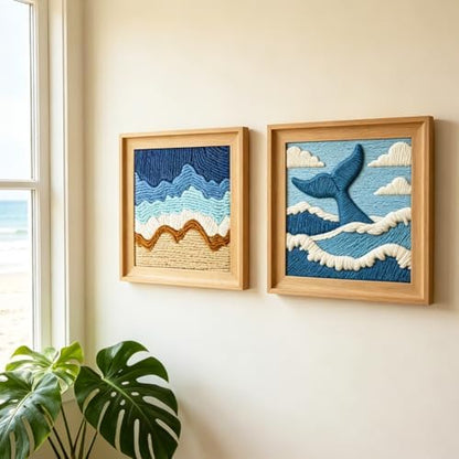 INFUNLY 2 Set Waves Ocean Punch Needle Kit for Beginners Whale Tail Punch Needle Embroidery Kits for Adults 9.4×9.4 Inch DIY Punch-Stitching Kit with Instruction Threader Needles Frame for Wall Decor - Image 5