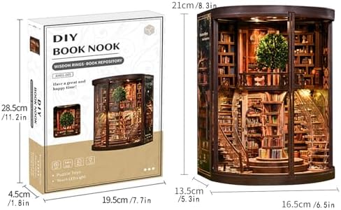 Wisdom Tree Library Book Nook Kit, DIY 3D Wooden Puzzle with Rotating Staircase, LED Light & Dust Cover, Premium Solid Wood Bookend, Vintage Decor, Creative Gift for Adults & Book Lovers - Image 6