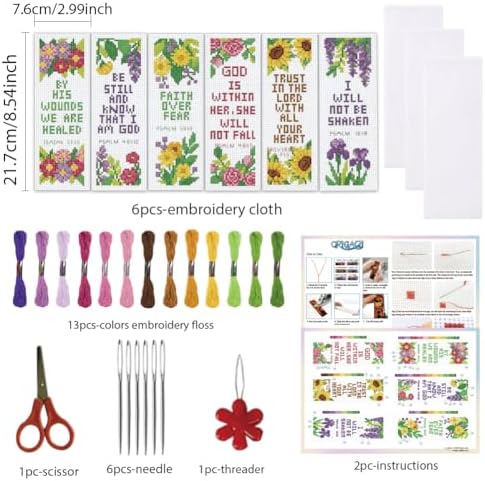 ORIGACH 6 Set Floral & Inspirational Verse Cross Stitch Bookmark Kit - Image 2
