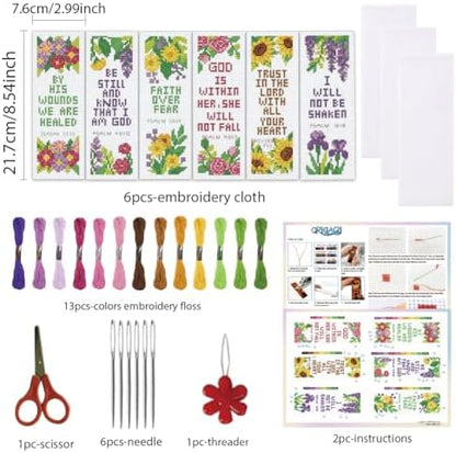 ORIGACH 6 Set Floral & Inspirational Verse Cross Stitch Bookmark Kit - Image 2