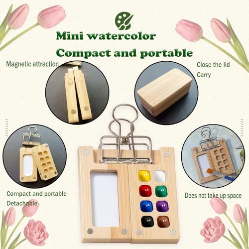 Mini Watercolor Paint Set Bamboo Travel Kit with Watercolor Palette Paintbrush Storage Bag and Water Storage Bottle Ready to Use Watercolor Sets for Artists and Beginners（8 Squares） - Image 6