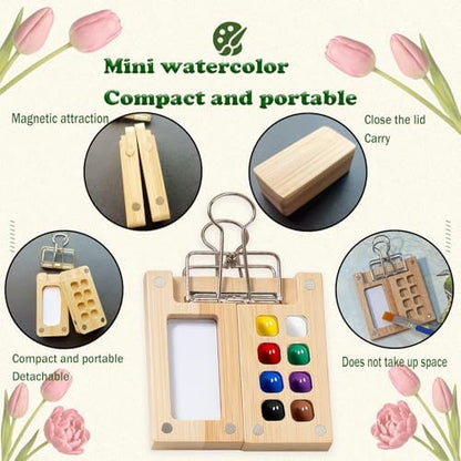 Mini Watercolor Paint Set Bamboo Travel Kit with Watercolor Palette Paintbrush Storage Bag and Water Storage Bottle Ready to Use Watercolor Sets for Artists and Beginners（8 Squares） - Image 6