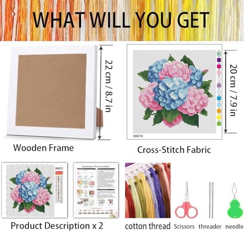 Hydrangea Stamped Cross Stitch Kits for Adult Beginner with Wooden Frame - Image 3