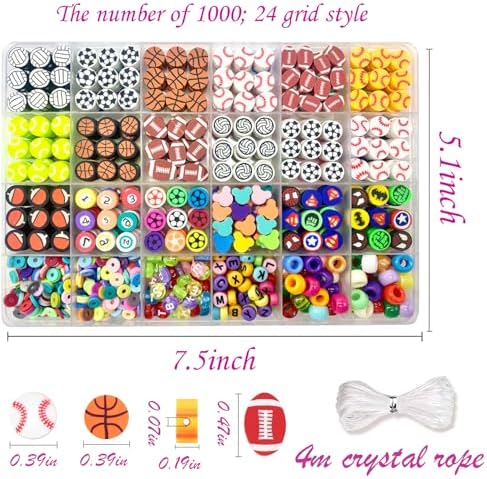 1000PCS Polymer Clay Beads for Bracelet Making, 24 Style Sports Charms incl. Baseball Basketball Soccer Football Rugby Volleyball, DIY Jewelry Making Supplies Kit - Image 3