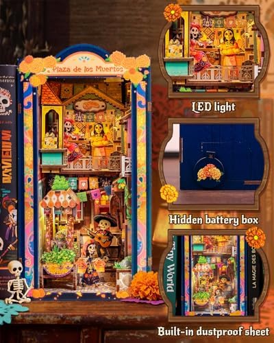 CUTEBEE Book Nook Kit - Mexican Fiesta DIY Miniature Dollhouse, Vibrant LED Bookshelf Decor Alley Model for Adults Teens, Gifts for Family and Friends（Plaza de Los Muertos） - Image 3