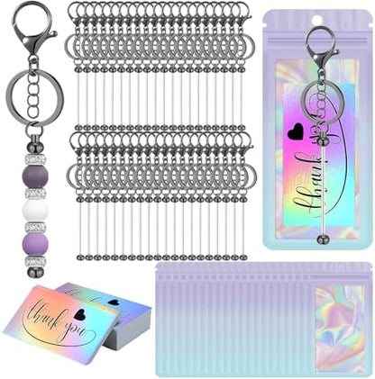 42/84/126 Pcs Beadable Keychain Bars Bulk Blank DIY Beaded Keychain Making Supplies with Bag Thank You Card by Unknown