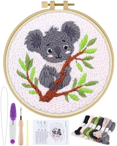 ERKOON Punch Needle Kit for Beginners Adults, DIY Easy Animal Embroidery Set for Starter Art Craft, Needling Punch Project with Patterns, Tools, Yarns, Hoop, Instruction (Koala) by ERKOON