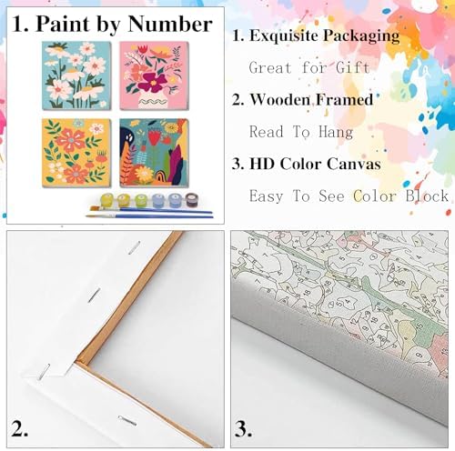 eimivrc 4 Pack Paint by Numbers Kit for Adults Framed,Flowers Paint by Numbers for Adults Beginner,DIY Acrylic Oil Painting for Home Wall Decor(8x8inch) - Image 5