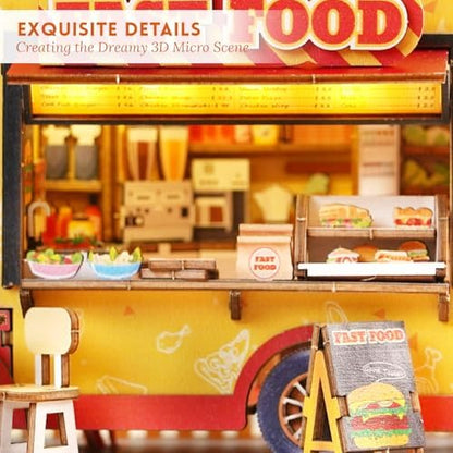 DIY Miniature House Kit (Fast Food Cart) Tiny Dollhouse Kits for Adults to Build, Mini Model Kits with LED Light&Music Box&Dust-Proof Cover, Birthday Gifts for Family Friends - Image 4