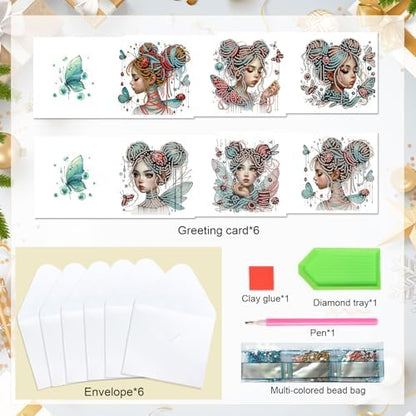 Tontut 6pcs Diamond Art Painting Kit Greeting Card, Temperament Butterfly Lady 5D DIY Diamond Handmade Holiday Sparkling Greeting Card with Envelope, Holiday Gift Congratulation - Image 3