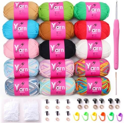 15 Pack Beginner Yarn for Crocheting Tube Crochet Yarn Multicolor by Sekafris