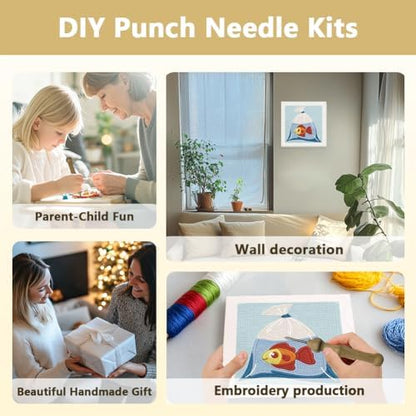 Doodlream Goldfish in Bag Needle Kit for Beginner, 9.4"x 9.4" Cartoon Fish Punch Stitching Craft Set, DIY Embroidery Starter with Printed Frame, Instruction, Threader, Yarn, Pinch Needle - Image 4