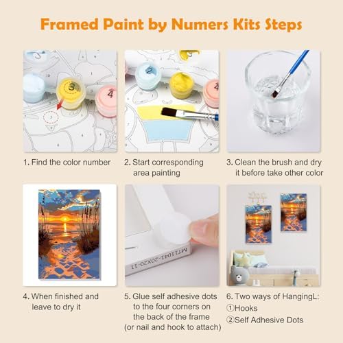 MOGTAA Landscape Paint by Numbers Kit for Adults Beginners with Frame, Beach Adult Paint by Number Kits on Canvas with Easel, Easy DIY Sunset Oil Painting Kits for Home Decor, 8x12in - Image 6