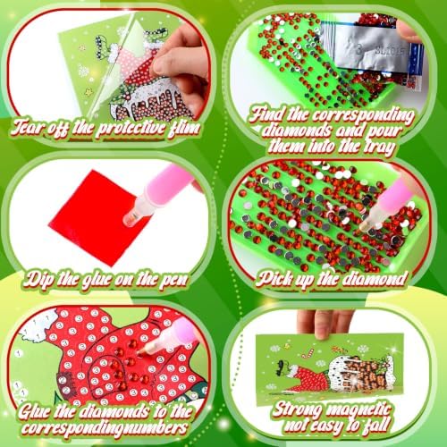 Saillong 12 Pack Christmas Diamond Painting Greeting Card Kits DIY Lime Green Christmas Diamond Art Cards with Envelopes Xmas 5D Rhinestones Painting for Adults DIY Craft Family Friend Xmas Gifts - Image 4