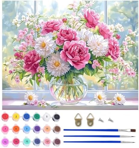 Lxmsja Roses Bouquet Paint by Numbers Kit for Adults, Windowsill Acrylic Paint by Numbers for Adults Beginner, DIY Craft Supplies Oil Painting Kits for Home Wall Decor 20x16 inch (No Frame) by Lxmsja