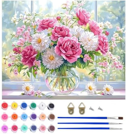 Lxmsja Roses Bouquet Paint by Numbers Kit for Adults, Windowsill Acrylic Paint by Numbers for Adults Beginner, DIY Craft Supplies Oil Painting Kits for Home Wall Decor 20x16 inch (No Frame) by Lxmsja