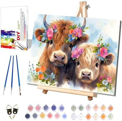 Highland Cow Paint by Numbers for Adults with Framed Canvas - Wooden Easel by xackcme