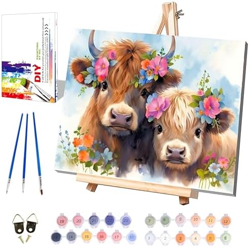 Highland Cow Paint by Numbers for Adults with Framed Canvas - Wooden Easel by xackcme