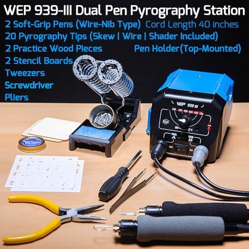 WEP 939-III Dual Pen Wood Burning Kit 34-in-1 with 20 Woodburning Tips Soft-Grip Pyrography Pen with 2 Stencils, 2 Unfinished Wood, 1 Pen Holder Professional Wood Burner Tool - Image 4