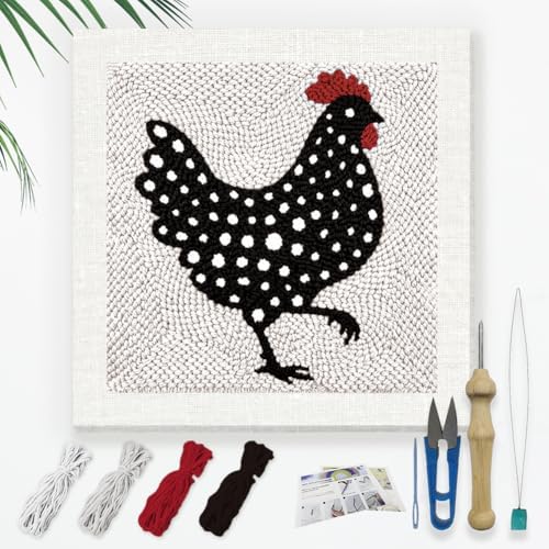 Doodlream Polka Dot Chicken Needle Kit for Beginner, 9.4"x 9.4" Farm Hen Punch Stitching Craft Set, DIY Embroidery Starter with Printed Frame, Instruction, Threader, Yarn, Pinch Needle by Doodlream