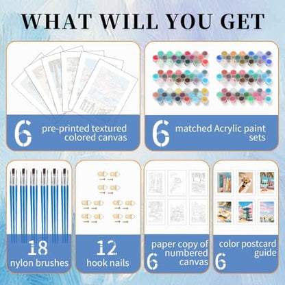 GEEHEIY 6 Pack Paint by Numbers Kit for Adults, Coastal Beach, 8 x 12 Inch - Image 4