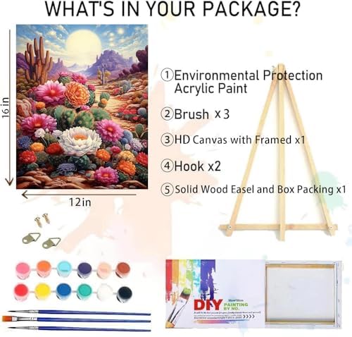MIRCVSH Landscape Paint by Numbers Kit for Adults,Adult Paint by Number with Wooden Framed,Desert Cactus Flowers Paint by Number for Home Wall Decor 12x16 Inch - Image 2