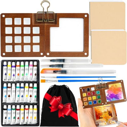 Mini Watercolor Travel Set, 24 Colors Pocket Watercolor Paint Kit with Walnut Wood Palette, 2 Sketchbooks, 5 Brushes & Carry Bag – Portable Art Supplies for Beginners, Artists and Outdoor Sketching by Bukicho