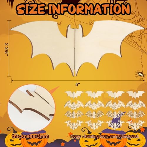 COCHIE DIY 3D Halloween Bats Wood Crafts to Paint, Paintable Unfinished Wooden Slices for Craft, Bat Cutouts Ornaments for Painting Decorations (24 PCS) - Image 2