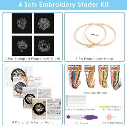 ERKOON 4 Sets Embroidery Kit, Floral Cross Stitch Set for Include Embroidery Cloth Hoops Threads for Craft Lover Hand Stitch(Floral) - Image 2