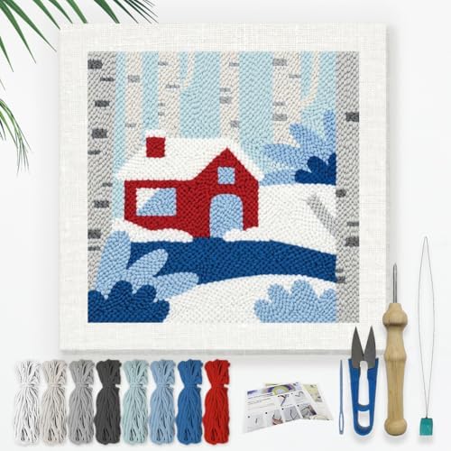 Doodlream Snowy Forest House Needle Kit for Beginner, 9.4"x 9.4" Winter Cabin Punch Stitching Craft Set, DIY Embroidery Starter with Printed Frame, Instruction, Threader, Yarn, Pinch Needle by Doodlream