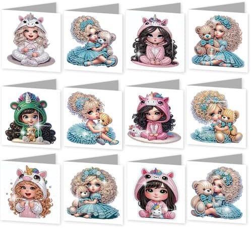 C'eitura 12Pcs Cartoon Girl Diamond Art Painting Greeting Card Kit with Envelopes, DIY Cute Theme Christmas Birthday Thanksgiving Card Making Set, Cute Style Handmade Card Craft by C%27eitura