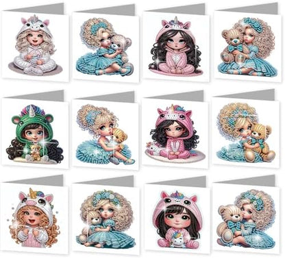 C'eitura 12Pcs Cartoon Girl Diamond Art Painting Greeting Card Kit with Envelopes, DIY Cute Theme Christmas Birthday Thanksgiving Card Making Set, Cute Style Handmade Card Craft by C%27eitura