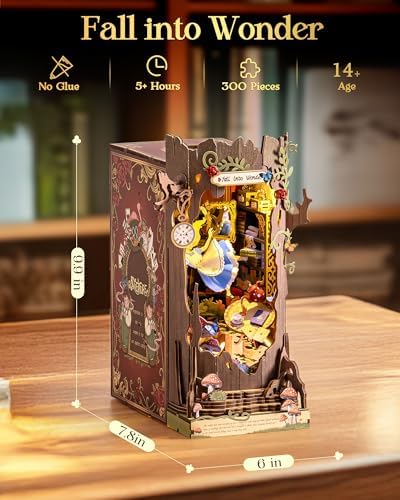 Rolife Book Nook Kit Fall into Wonder 3D Wooden Puzzles 9.9" Wonderland Booknooks DIY Miniature Kit with LEDs Fairy Tale Bookshelf Decor Craft for Adults Gift for Mom Women Men - Image 6