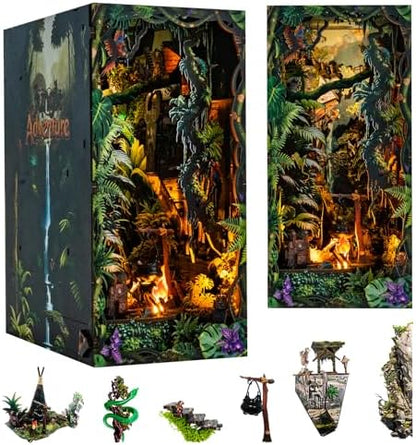 fifijoy Jungle Adventure DIY Book Nook Kit - 3D Wooden Puzzle Dollhouse Miniature House with LED Lights and Sound Effects, Jungle Explorer Bookshelf Insert Decor, Creative Gift for Adults and Teens by fifijoy