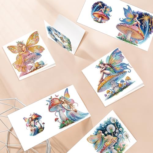 Tontut 6pcs Diamond Art Painting Kit Greeting Card, Genie on Mushroom 5D DIY Diamond Handmade Holiday Greeting Card with Envelope, Holiday Gift Congratulation - Image 6