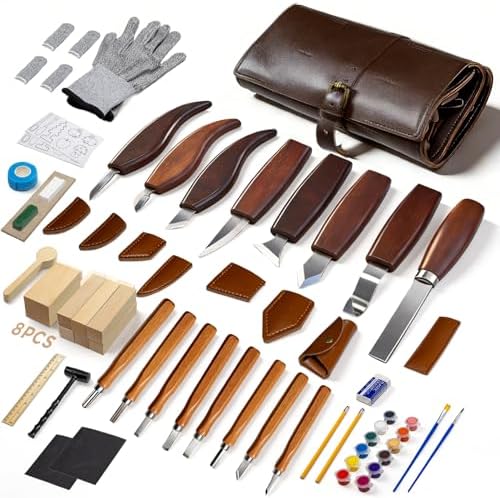 68-Piece Wood Carving Kit for Adults and Beginners, 16 Whittling Knives & Chisels, 8 Basswood Blocks, Leather Tool Roll, Safety Gloves, Paints and Templates, Carving Gift Set for Men by VMYTH