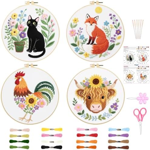 ORIGACH 4 Pcs Flower and Animal Embroidery Kit for Beginners by ORIGACH