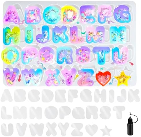 FUNSHOWCASE Alphabet Resin Shaker Molds Kawaii Keychain Charm Set Pack of 58 Silicone Trays Seal Films Precision Tip Applicator Bottle Kit Bundle by FUNSHOWCASE