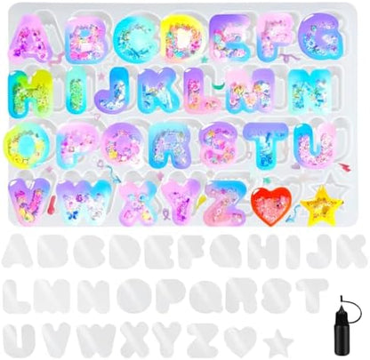 FUNSHOWCASE Alphabet Resin Shaker Molds Kawaii Keychain Charm Set Pack of 58 Silicone Trays Seal Films Precision Tip Applicator Bottle Kit Bundle by FUNSHOWCASE
