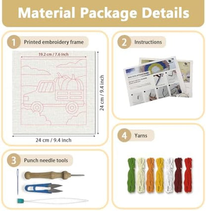 Doodlream Pumpkin Truck Needle Kit for Beginner, 9.4"x 9.4" Fall Harvest Punch Stitching Craft Set, DIY Embroidery Starter with Printed Frame, Instruction, Threader, Yarn, Pinch Needle - Image 2