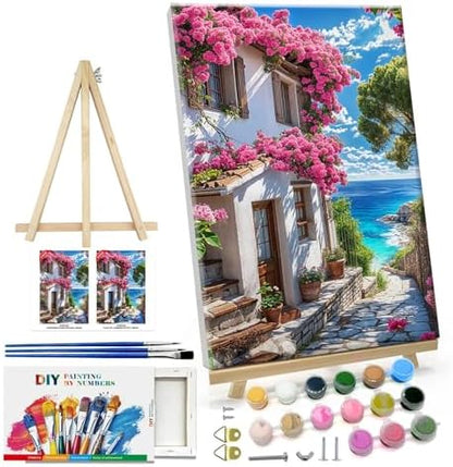 ATDMS Paint by Numbers Kit for Adults with Frame Landscape Paint by Number with Easel DIY Flowers House Adult Paint by Number Kits Paint by Numbers Kit on Canvas for Gift Home Wall Decor 8x12 Inch by ATDMSDIY