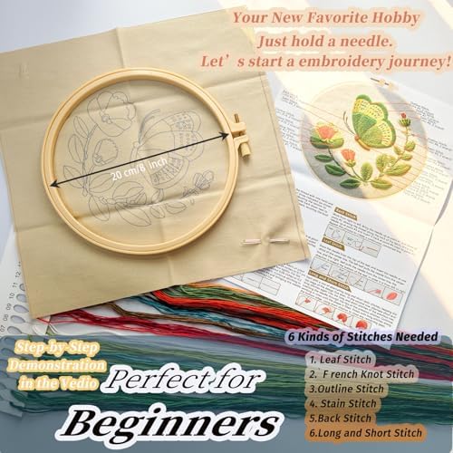 FONNUY Green Plants Embroidery Kit, Cross Stitch Kits for Beginners, Handmade Crafts with Printed Patterns for Beginner Adults, Easy to Follow Color Thread Needlework, 8'' Hoop (Butterfly) - Image 5