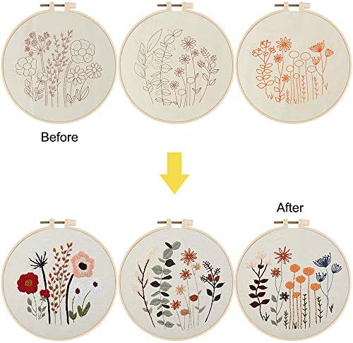 Uphome 3 Pack Embroidery Starter Kit for Beginners Stamped Cross Stitch Kits with Cute Flowers and Plants Patterns with 1 Embroidery Hoop and Color Threads for Adults Kids - Image 2