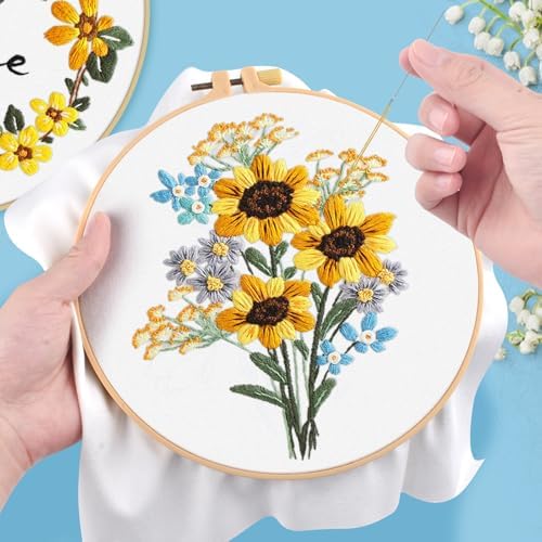 ERKOON 3 Sets Embroidery Kit, Floral Cross Stitch Set for Include Embroidery Cloth Hoops Threads for Craft Lover Hand Stitch (Sunflower) - Image 5