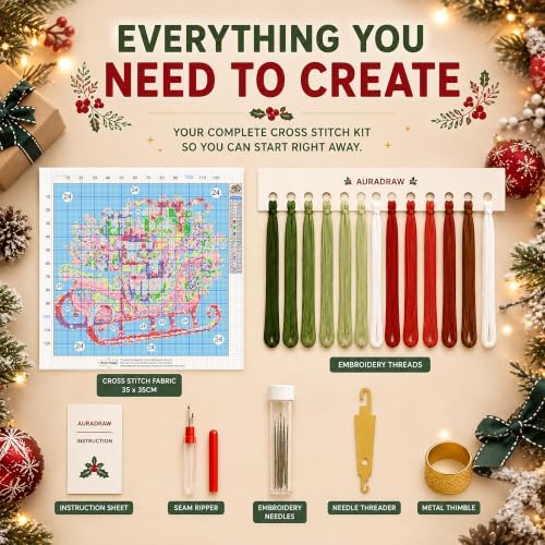 AuraDraw Christmas Stamped Cross Stitch Kits - Christmas Sled Counted Cross Stitch Kits for Beginners, Cross-Stitch Patterns Dimensions Needlecrafts Embroidery Kits Arts and Crafts - Image 3